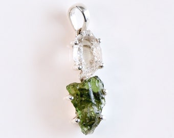 Moldavite Herkimer Diamond Pendant, Green Moldavite Necklace, Sterling Silver, Genuine Natural Moldavite, Boho Crystal Pendant, Gift For Her