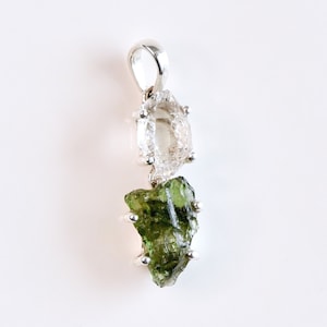 Moldavite Herkimer Diamond Pendant, Sterling Silver Boho Crystal