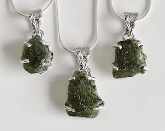 Natural Moldavite Pendant, 925 Sterling Silver, Boho Healing Crystal Necklace