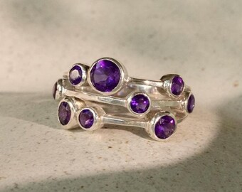Amethyst Bubble Ring – February Birthstone, Statement Stacking Band, Natural Purple Gemstone, 925 Sterling Silver, Gift for Her