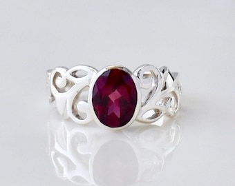 Rhodolite Garnet Sterling Silver Ring, Swirling Design, January Birthstone