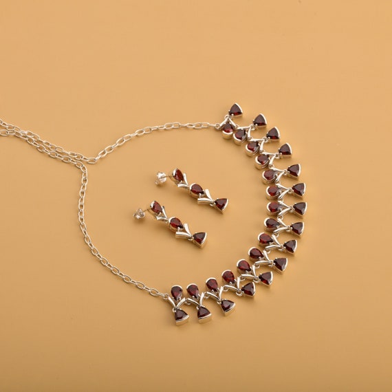Garnet Necklace and Earrings Set, Sterling Silver Bridal Jewelry