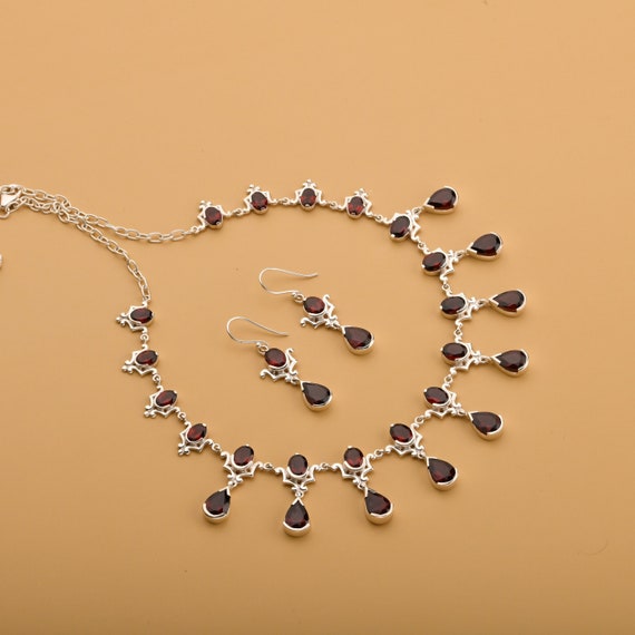 Garnet Necklace Earring Set, 925 Sterling Silver Bridal Jewelry
