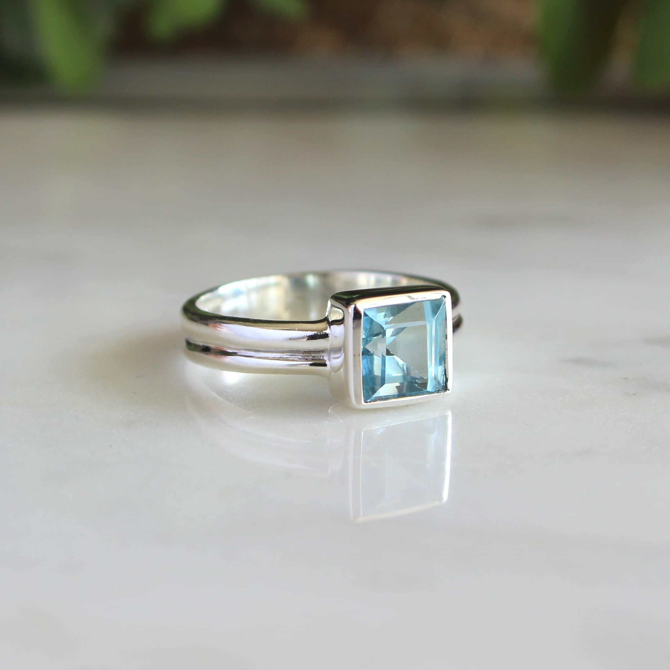 Square Blue Topaz Ring, Natural Gemstone, December Birthstone, 925 