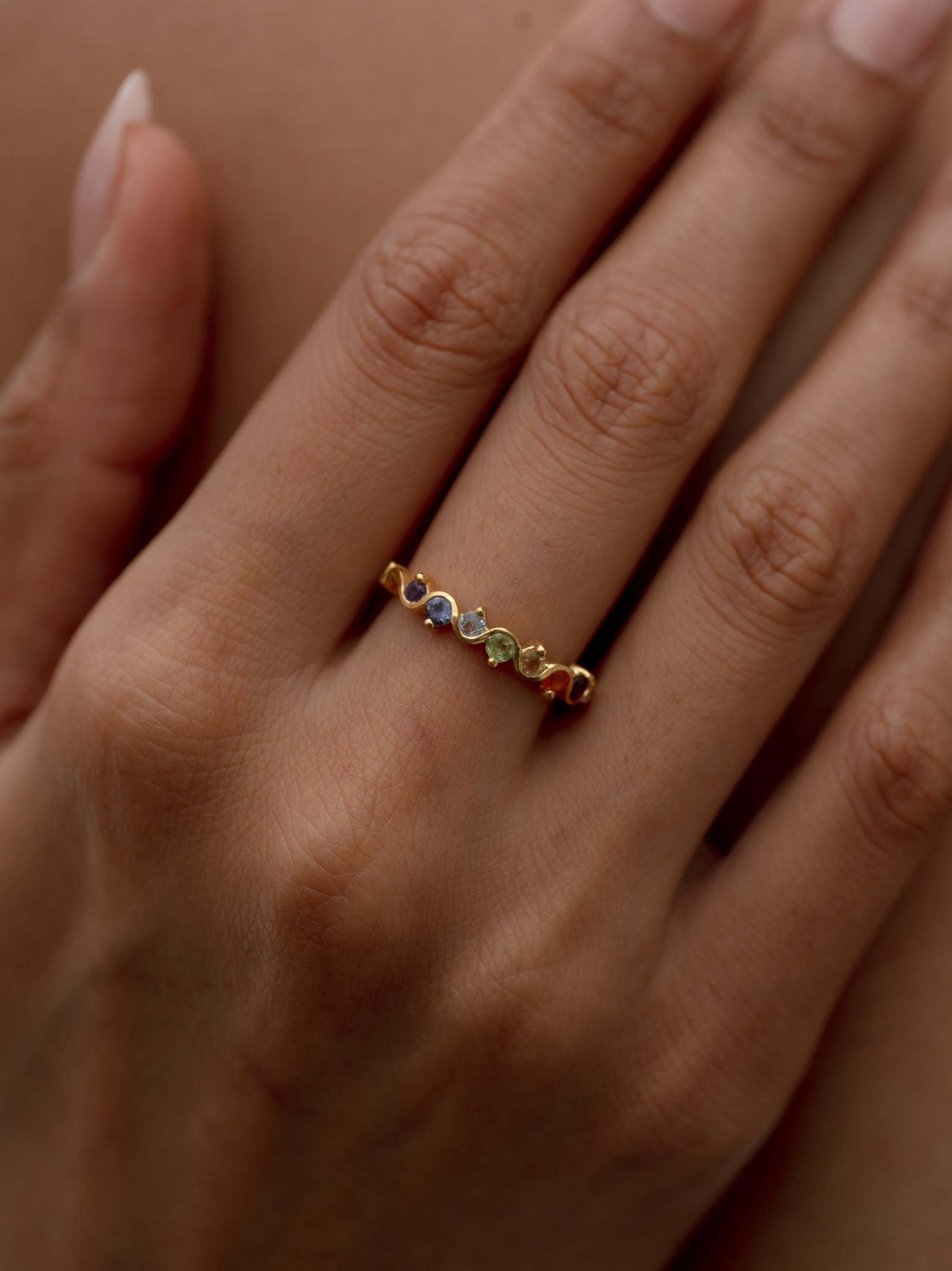 Chakra Ring, 24K Gold Vermeil on 925 Sterling Silver, Natural Gemstones, Yoga Spiritual Healing Ring, Minimal Rainbow Jewelry, Gifts For Her