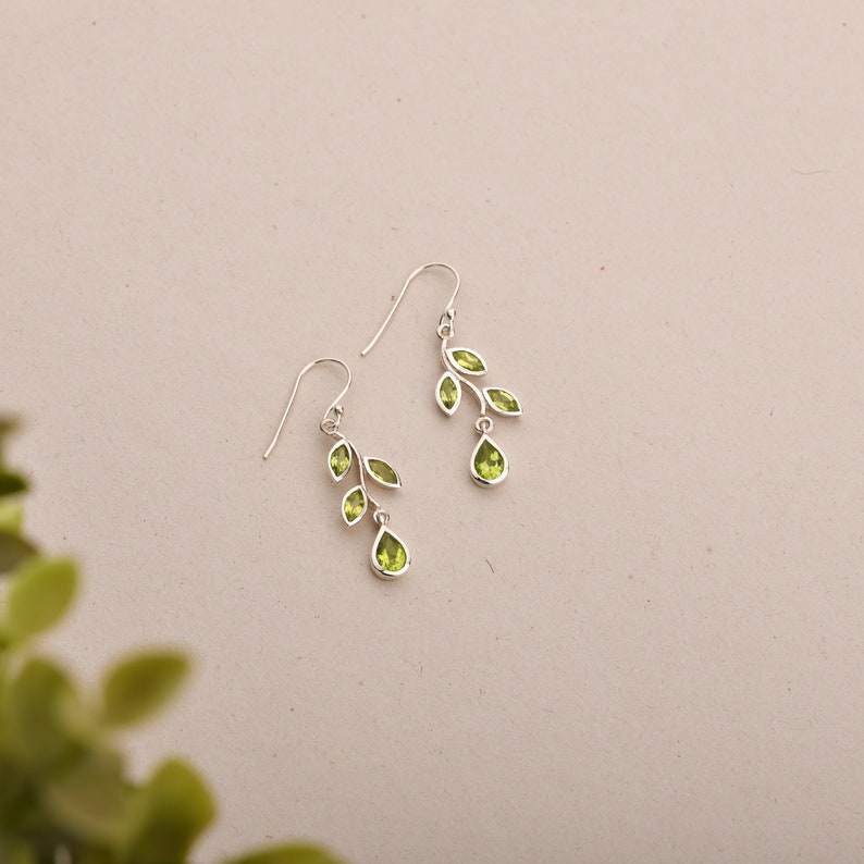 Leaf Peridot Earrings, Natural Green Peridot, August Birthstone, 925 Sterling Silver, Unique Leaves Marquise Earrings, Dangle Drop Earring image 3