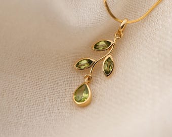 Leaf Peridot Necklace, 24K Gold Vermeil Sterling Silver, Natural Green Gemstone