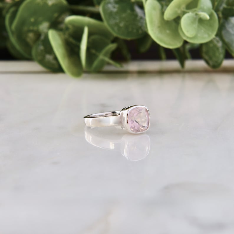 Square Pink Stone Rose Quartz Ring Rose Quartz Jewelry Cushion Cut Minimal Ring Natural Gemstone Gift For Her 925 Sterling Silver