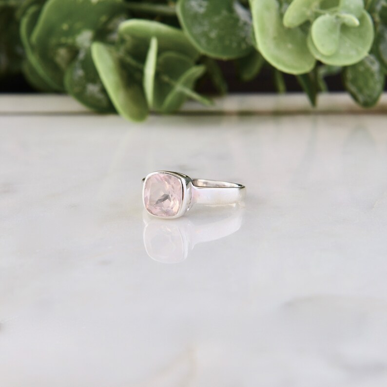 Square Pink Stone Rose Quartz Ring Rose Quartz Jewelry Cushion Cut Minimal Ring Natural Gemstone Gift For Her 925 Sterling Silver