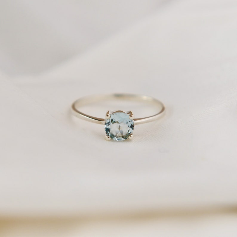 Round Aquamarine Ring, Natural Aquamarine, March Birthstone, Minimal Round Prong Ring, Natural Blue Gemstone, Sterling Silver, Gift For Her 