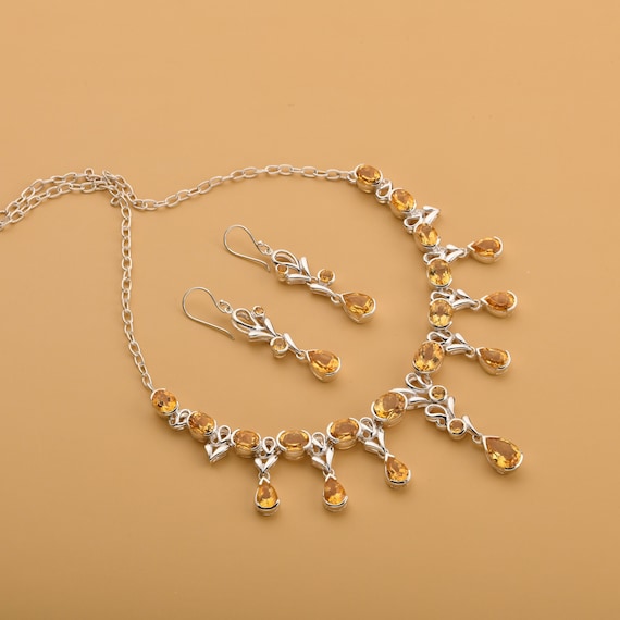 Citrine Necklace Earring Set, Sterling Silver Bridal Jewelry