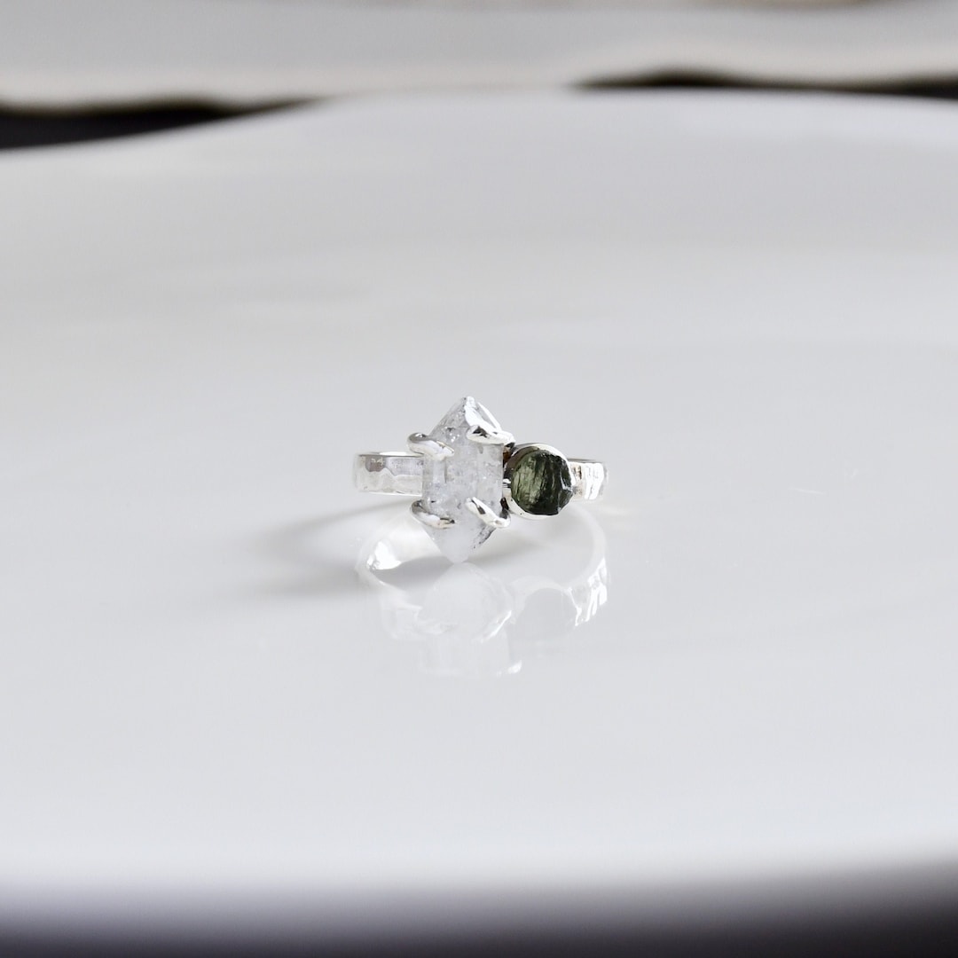 Moldavite Herkimer Diamond Ring, Boho Ring, Sterling Silver