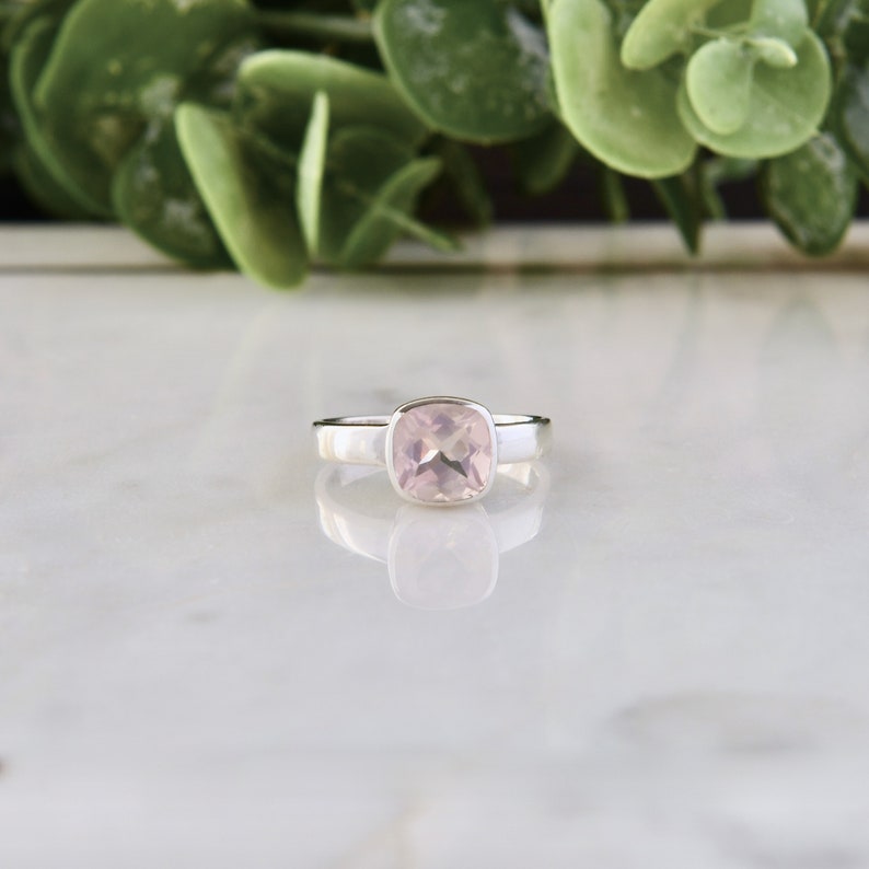 Square Pink Stone Rose Quartz Ring Rose Quartz Jewelry Cushion Cut Minimal Ring Natural Gemstone Gift For Her 925 Sterling Silver