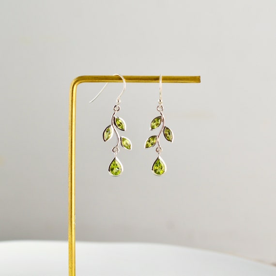 Sterling Silver Vine Leaf and Branch Earrings with Marquise Peridot Sterling Silver Vine Leaf and Branch Earrings with Marquise Peridot