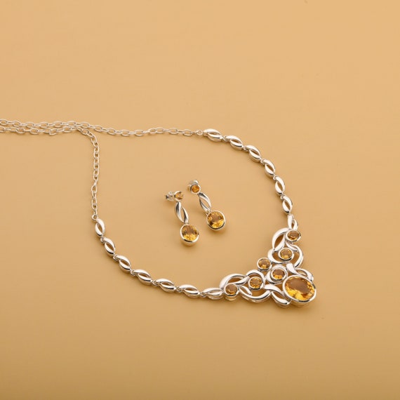 Citrine Necklace Set, Sterling Silver Bridal Jewelry, November Birthstone
