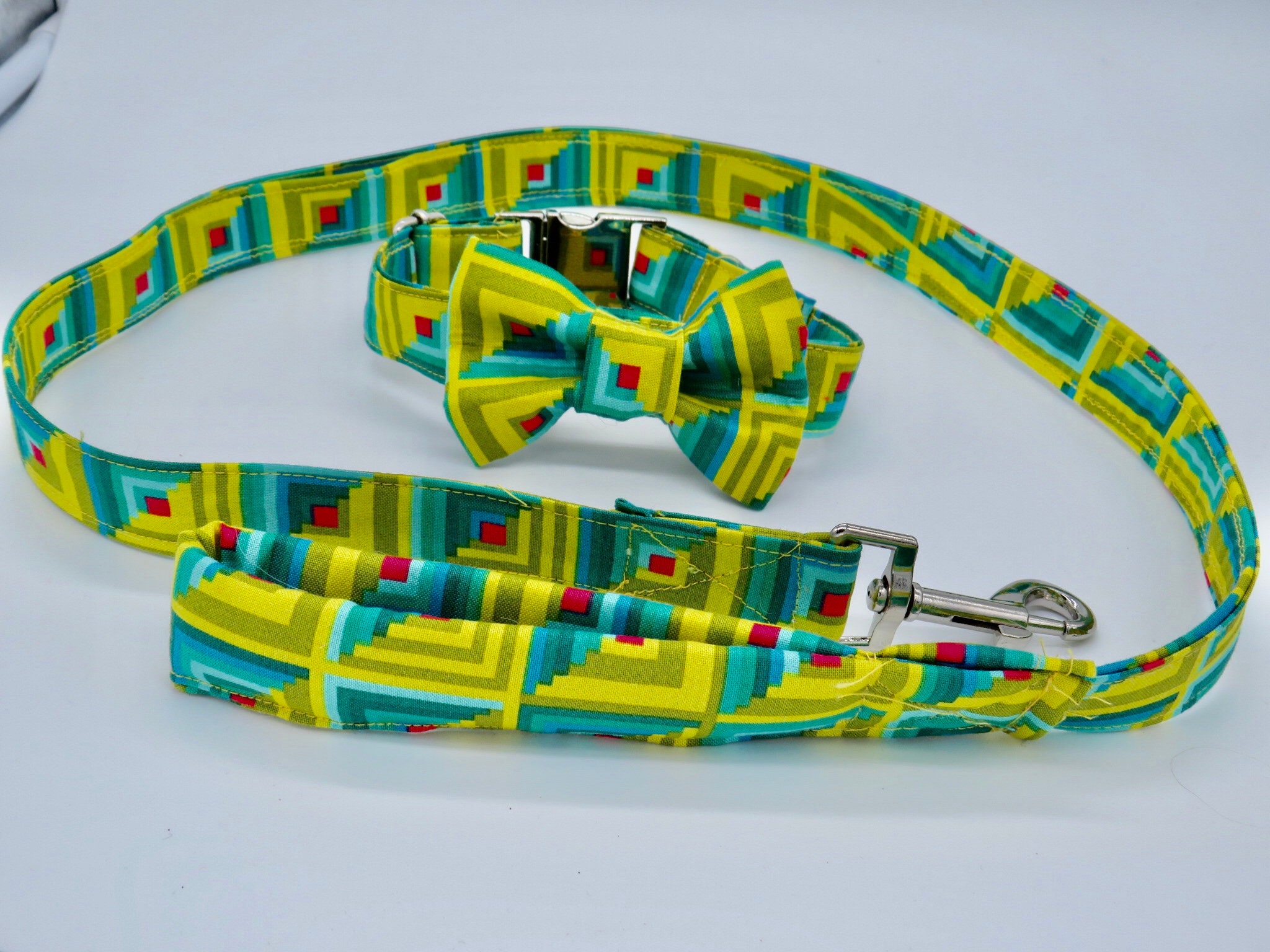 Bright Yellow Geo Dog Collar with matching bow and lead Etsy