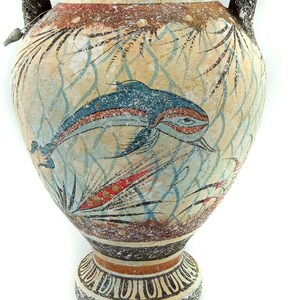 Ancient Greek Minoan Pottery Amphora with Minoan Dolphins Fresco Mural Ceramic Vase Knossos Art  Crete