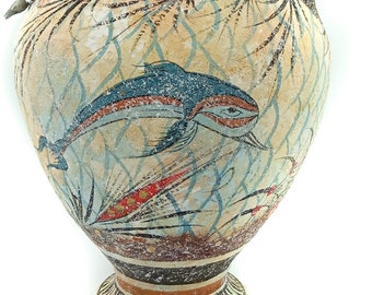 Ancient Greek Minoan Pottery Amphora with Minoan Dolphins Fresco Mural Ceramic Vase Knossos Art  Crete