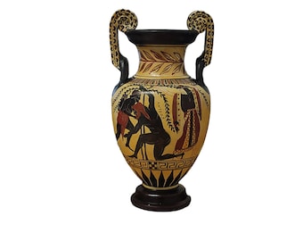 Hercules Heracles and Antaios, Black Figure Amphora Vase, Greek Ceramic, Greek Goddess Athena, Handmade Pottery Replica, 24  cm 9.44 inches