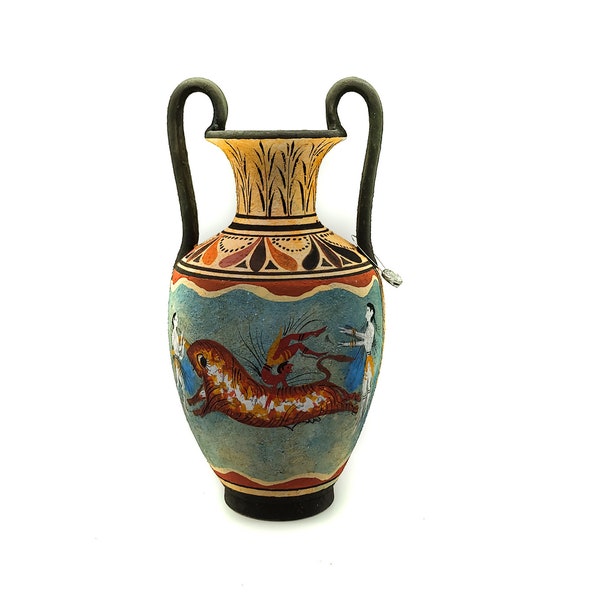 Minoan Amphora Fresco Mural Bull leaping and Dolphin Handmade & Hand painting Ceramic Vase Greek Pottery  Knossos Art 24 cm 9.45 in