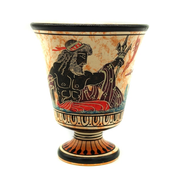 Pythagoras Justice Cup, Archaic Period God Poseidon, Handmade Ceramic Pottery, Handpainted, gifts ideas 11 cm  4.33 inches