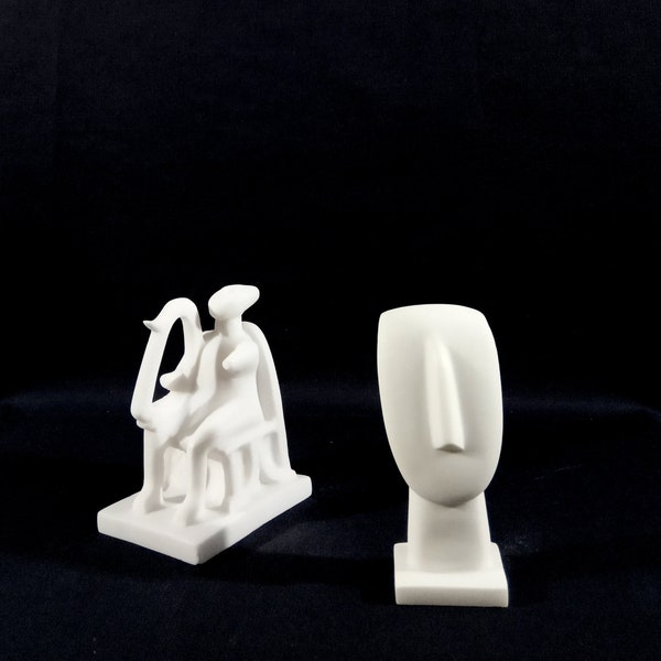 Alabaster Kykladen-Set, Kopfbüste und Mann sitzend, Figurine Griechisch, Skulptur Knossos Art Griechenland