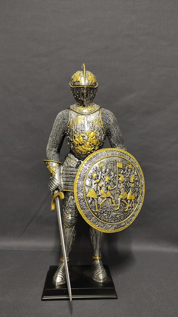 Knight in Armor With Sward and Shield Statue Figure Sculpture Etsy