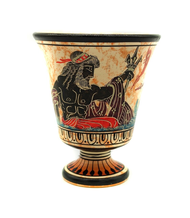 Pythagoras Justice Cup, Archaic Period God Poseidon, Handmade Ceramic Pottery, Handpainted, gifts ideas 11 cm  4.33 inches