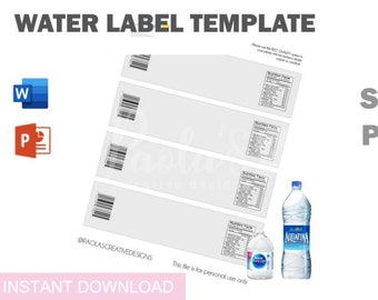 Water Bottle Label Template, PSD, Microsoft Word Doc Format, Blank Template label, Custom FREE Barcode and nutritional facts
