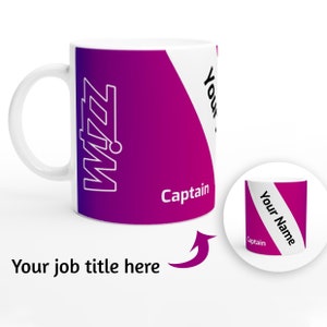 May include: White ceramic mug with a purple to white gradient design. The mug features a stylised illustration of a ladder with a ball on the top rung. The text "Captain" is printed on the mug, along with the text "Your Name".