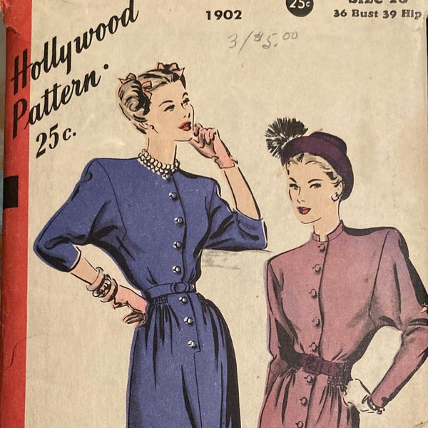 Vintage Hollywood Sewing Pattern 1940s  Misses Dress Size 18 Unprinted 1902 from 1946 Deep Armholes Stand Collar Self Fabric Belt