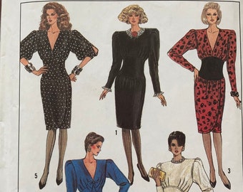 Vintage 1980s Sewing Pattern Midriff Dress Miss Size 10 Shoulder Pads Bodice Pleats Tulip Skirt 1987 Simplicity 8342 Classic 80s Style