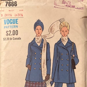 May include: A vintage sewing pattern for a double-breasted coat with a collar and pockets. The pattern is for size 3, bust 31 1/2 inches, and hip 33 1/2 inches. The pattern is called Vogue Pattern and costs £2.00. The pattern is for a coat with a double-breasted closure, a collar, and pockets.