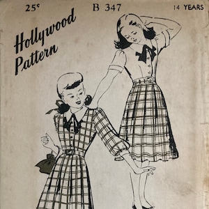 Vintage 1940s Children's Wear Sewing Girls Dress Size 14 Years Unprinted Factory Folded Hollywood Pattern B347