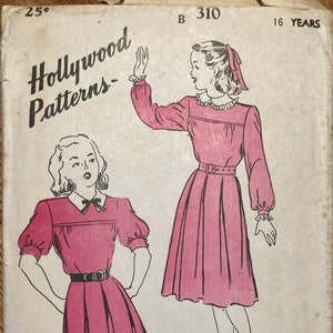 Vintage 1940s Children's Wear Sewing Girls Dress Size 16 Years Unprinted Factory Folded Hollywood Pattern B310