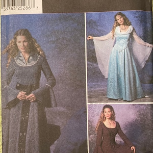 May include: Simplicity pattern 1891 for costumes. The pattern includes instructions for making two different gowns. One gown is blue with a black belt and the other is brown with a lace-up bodice. The pattern is for sizes 6, 8, 10, and 12.