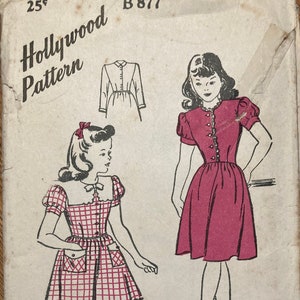 Vintage 1940s Children's Wear Sewing Girls Dress Size 14 Years Unprinted Factory Folded Hollywood Pattern B877