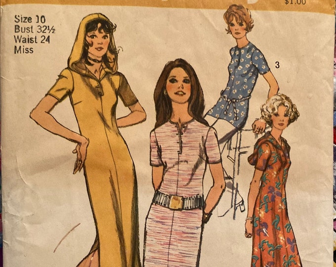Simplicity Pattern 9423 Vintage Sewing Pattern Misses Hooded Dresses and Top 1971 Size 10 Knit ...