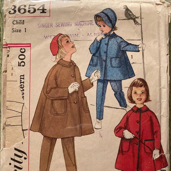 Vintage 1960s Sewing Pattern Girls Raglan Sleeve Coat Tapered Pants and Bonnet Hat Size 1 Simplicity 3654 Printed 1960