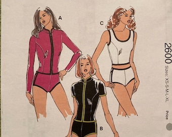 Sewing Pattern Misses Swimsuits Zippered Jackets Stretch Knit Long and Short Sleeve Sleeveless Tops and Shorts Kwik Sew 2600 FF Uncut 1997