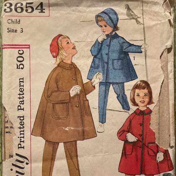 Vintage 1960s Sewing Pattern Girls Raglan Sleeve Coat Tapered Pants and Bonnet Hat Size 3 Simplicity 3654 Printed 1960