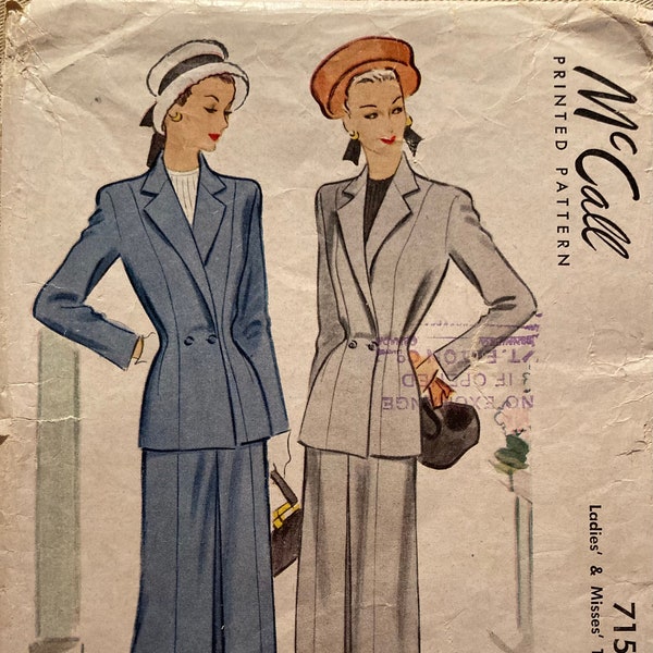 Vintage Sewing Pattern Women's 1940s Suit Classic Double Buttoned at Waist Gored Skirt Inverted Pleat FF Uncut Size 20 McCall 7156 from 1947