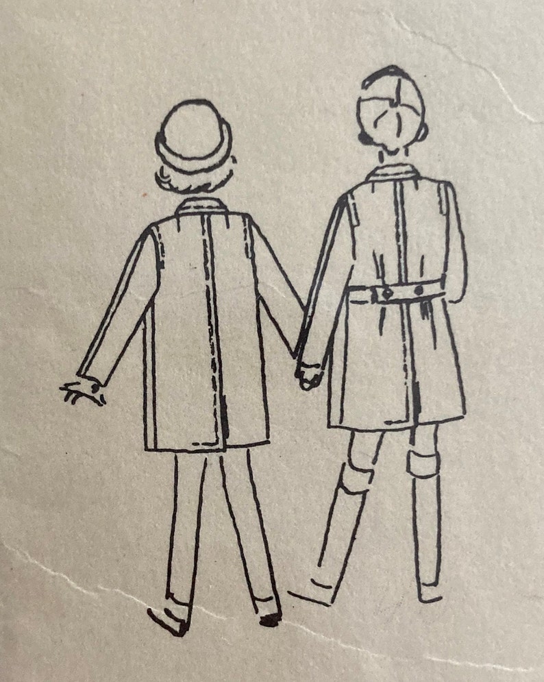 May include: Line drawing of two people wearing coats, holding hands and walking. The people are facing away from the viewer.
