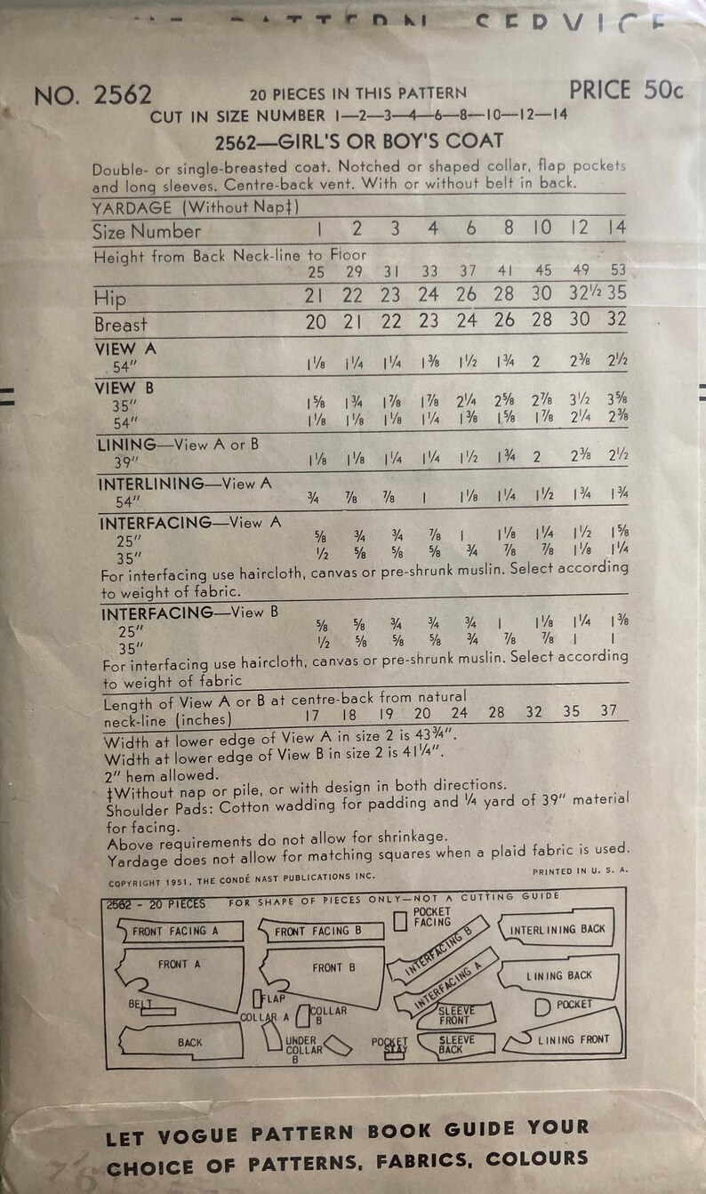 May include: A vintage sewing pattern for a girl's or boy's coat. The pattern is for sizes 1-14 and includes instructions for making a double- or single-breasted coat with a notched or shaped collar, flap pockets, and long sleeves. The pattern also includes yardage requirements for different sizes and fabrics.