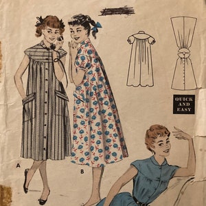 May include: Vintage sewing pattern for a dress with three different styles. The pattern is from Butterick and is size 16, bust 34. The pattern is for a quick and easy dress.