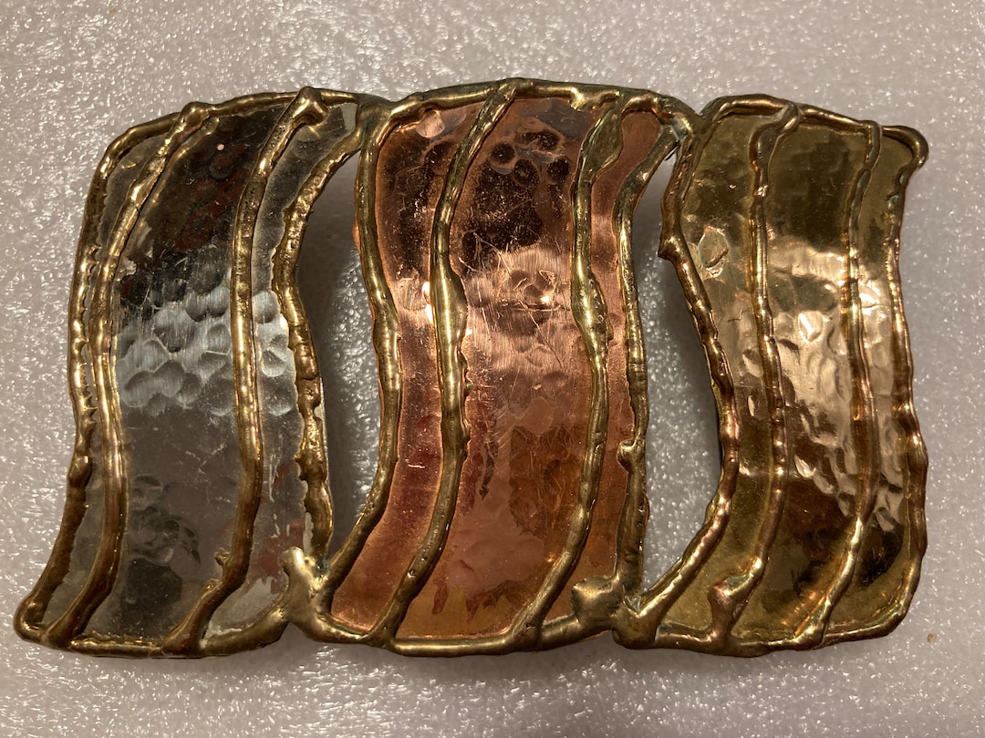 Vintage Brutalist Copper Tone Mixed Metal Artisan Belt Buckle Modernist 1970s ✨ Vintage Large Brutalist Style 1970s 80s Mixed Metals  main image 3