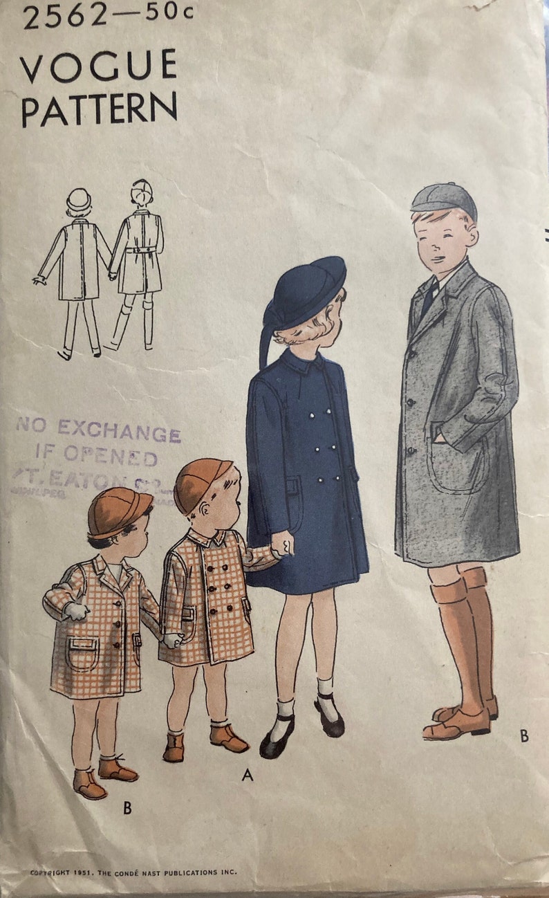 May include: A vintage sewing pattern for children's coats. The pattern includes four different styles: a double-breasted coat with a Peter Pan collar, a plaid coat with a double-breasted closure, a double-breasted coat with a sailor collar, and a long, double-breasted coat with a pocket. The pattern is labeled "2562 - 50c VOGUE PATTERN".