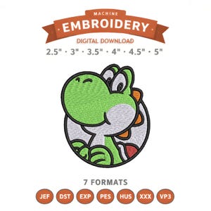 Könnte beinhalten: Maschinenstickerei-Digitaldownload mit einem grünen Cartoon-Dinosaurier. Das Design ist in verschiedenen Größen von 6,35 cm bis 12,7 cm erhältlich und umfasst 7 verschiedene Formate. Das Wort "STICKEREI" wird in einem Banner angezeigt.