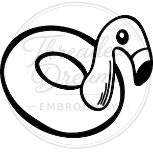 Puede incluir: Diseño en blanco y negro con forma de flamenco. El flamenco se representa con un cuello curvado y un pico largo, rodeado por un flotador circular. El texto "Threaded Dreams - EMBROIDERY" está en el fondo.