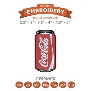 Puede incluir: Diseño de bordado a máquina con una lata de Coca-Cola roja y blanca. El diseño está disponible en varios tamaños, de 6,35 cm a 12,7 cm. Incluye descarga digital y 7 formatos.